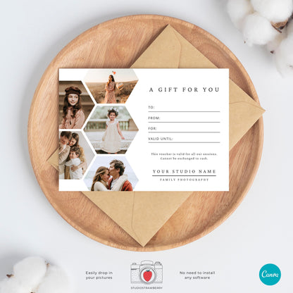 DIY printable photography gift voucher design with professional honeycomb styling.