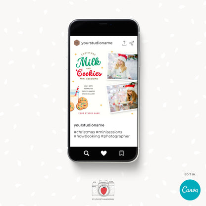 Instagram-ready Christmas mini session marketing card featuring milk and cookies graphics, fully customizable in Canva.