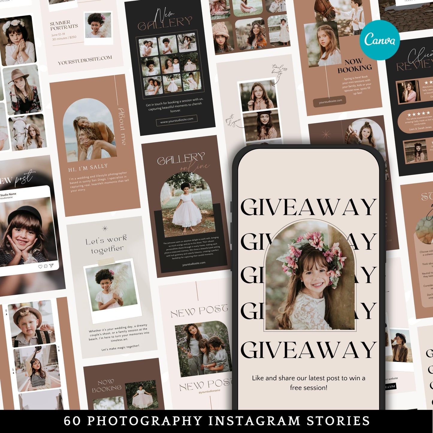 Editable Instagram story templates designed for photographers to promote sessions and client reviews.