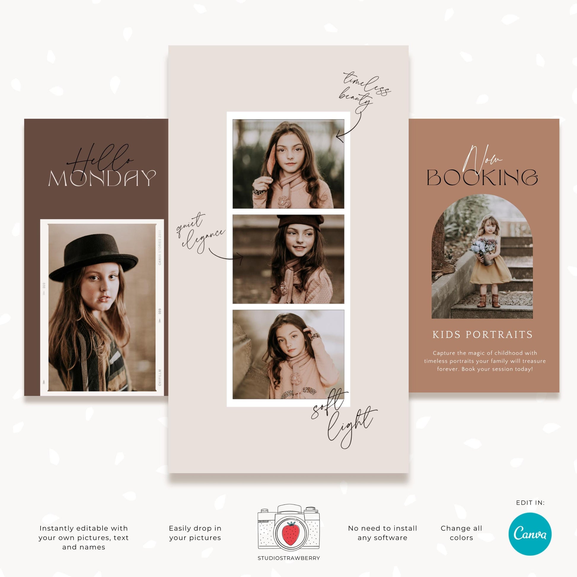 Photography marketing templates for Instagram stories promoting sessions and events.