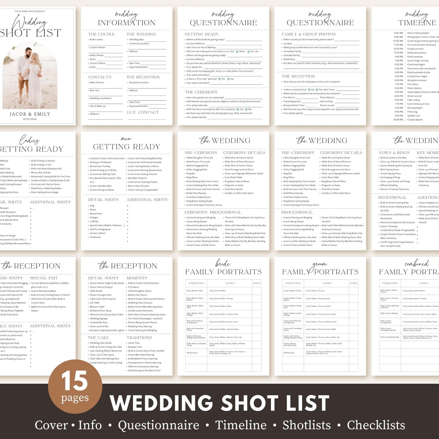 Editable wedding shot list template designed for photographers using Canva.