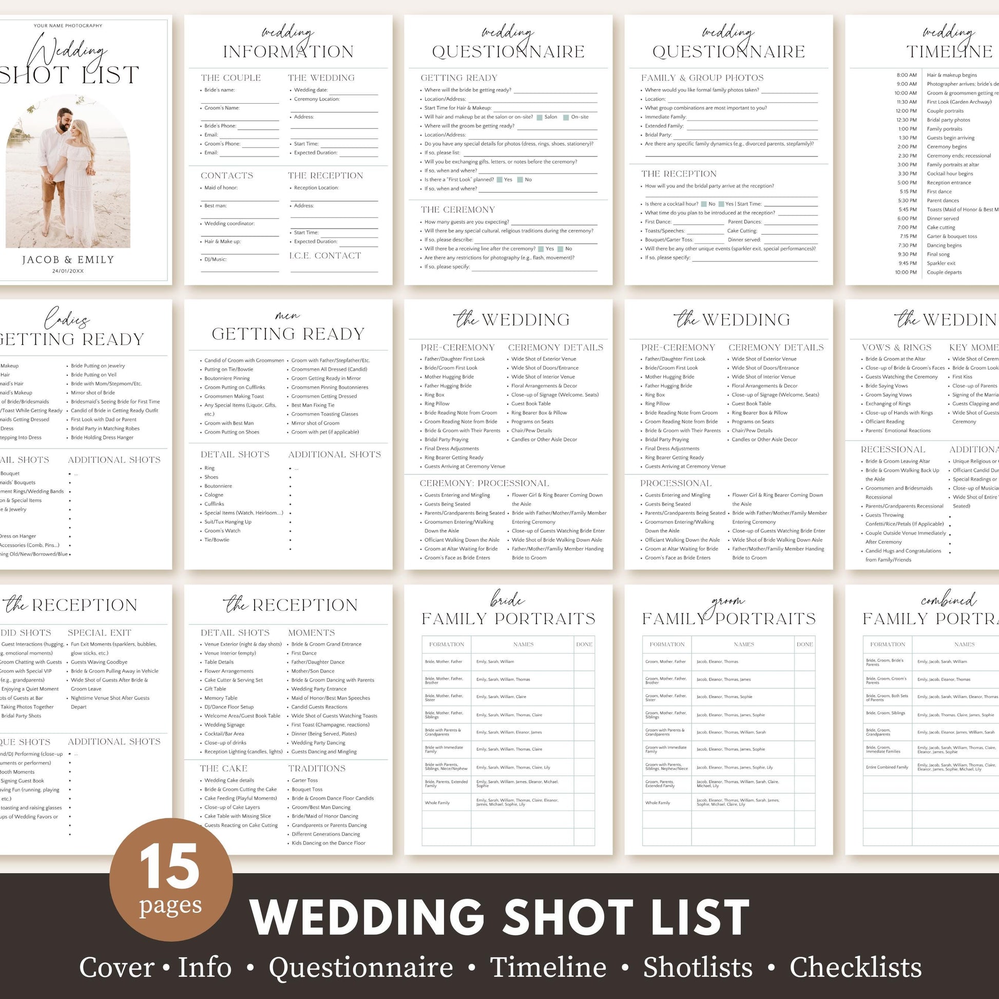 Editable wedding shot list template designed for photographers using Canva.