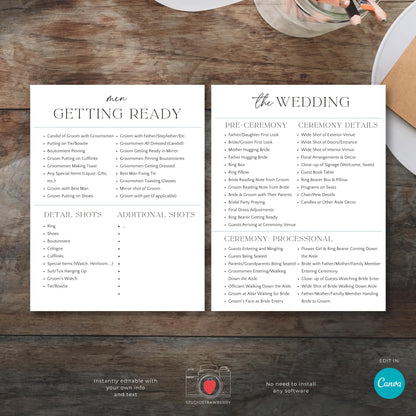Pre-wedding photo checklist template for capturing getting-ready moments.