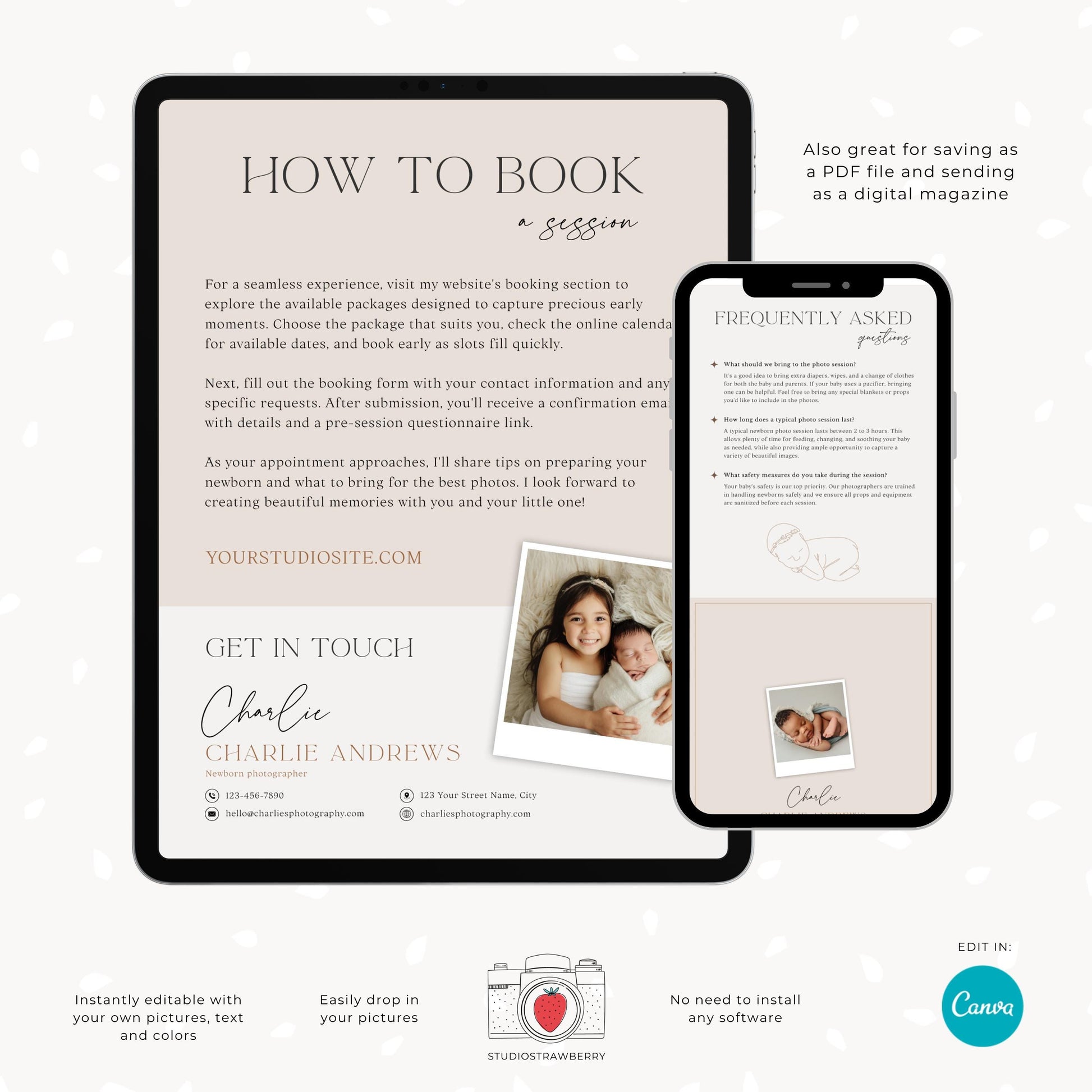 Digital newborn photography client handout template, editable and printable.