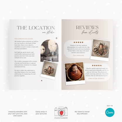 Studio photography newborn guide template with fully editable content for Canva.