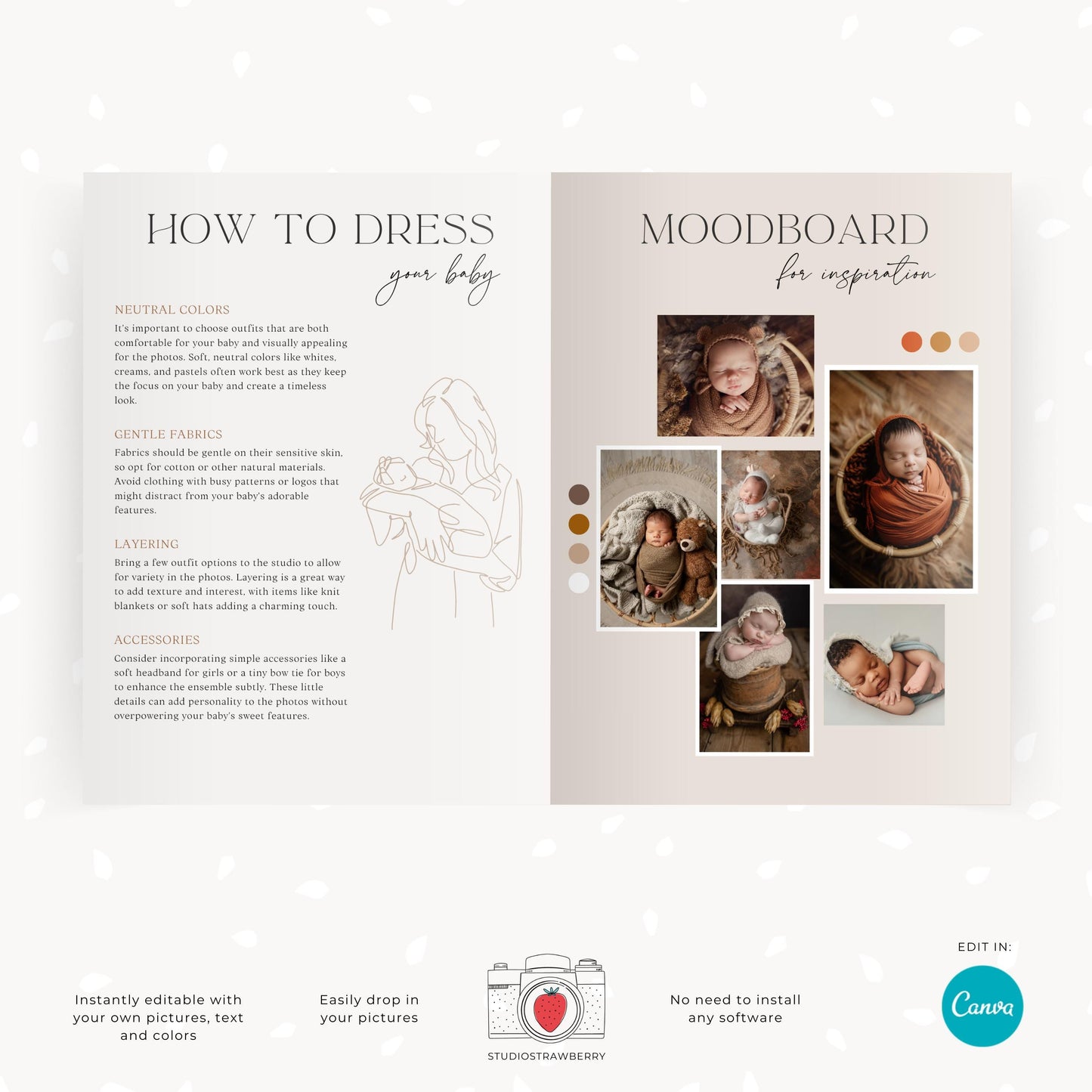 Digital newborn session client brochure template designed for photography studios.