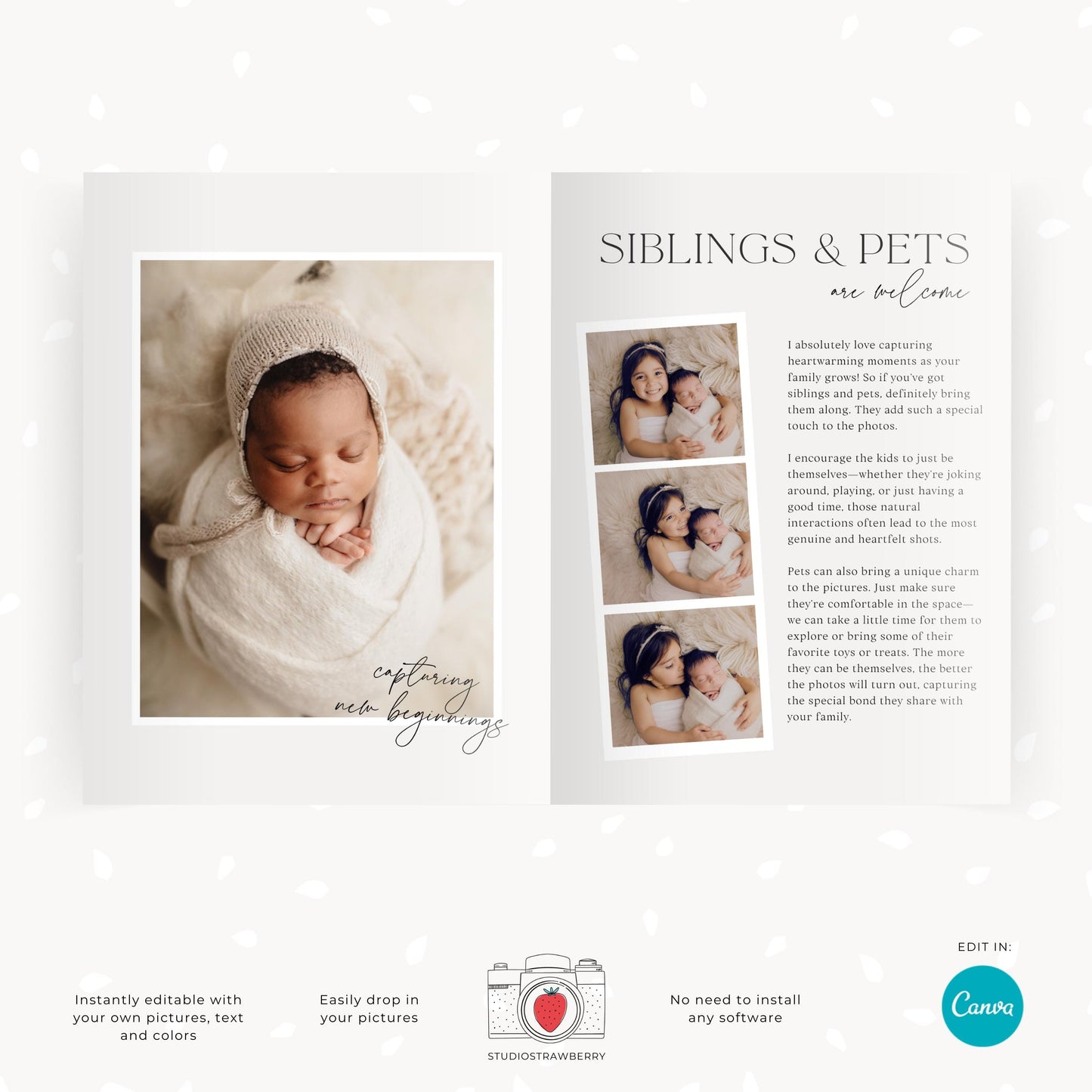 Newborn session welcome guide with sections for preparation, styling, and location.