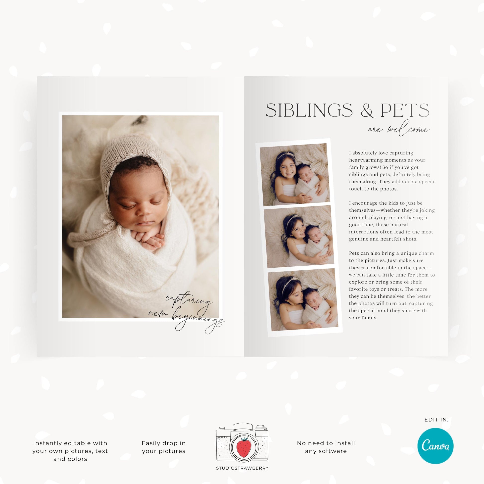 Newborn session welcome guide with sections for preparation, styling, and location.
