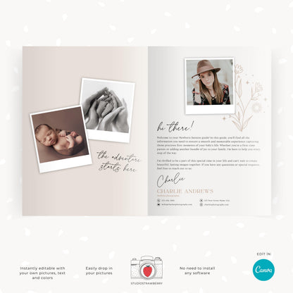 Customizable newborn photo session client welcome guide with editable text and images.