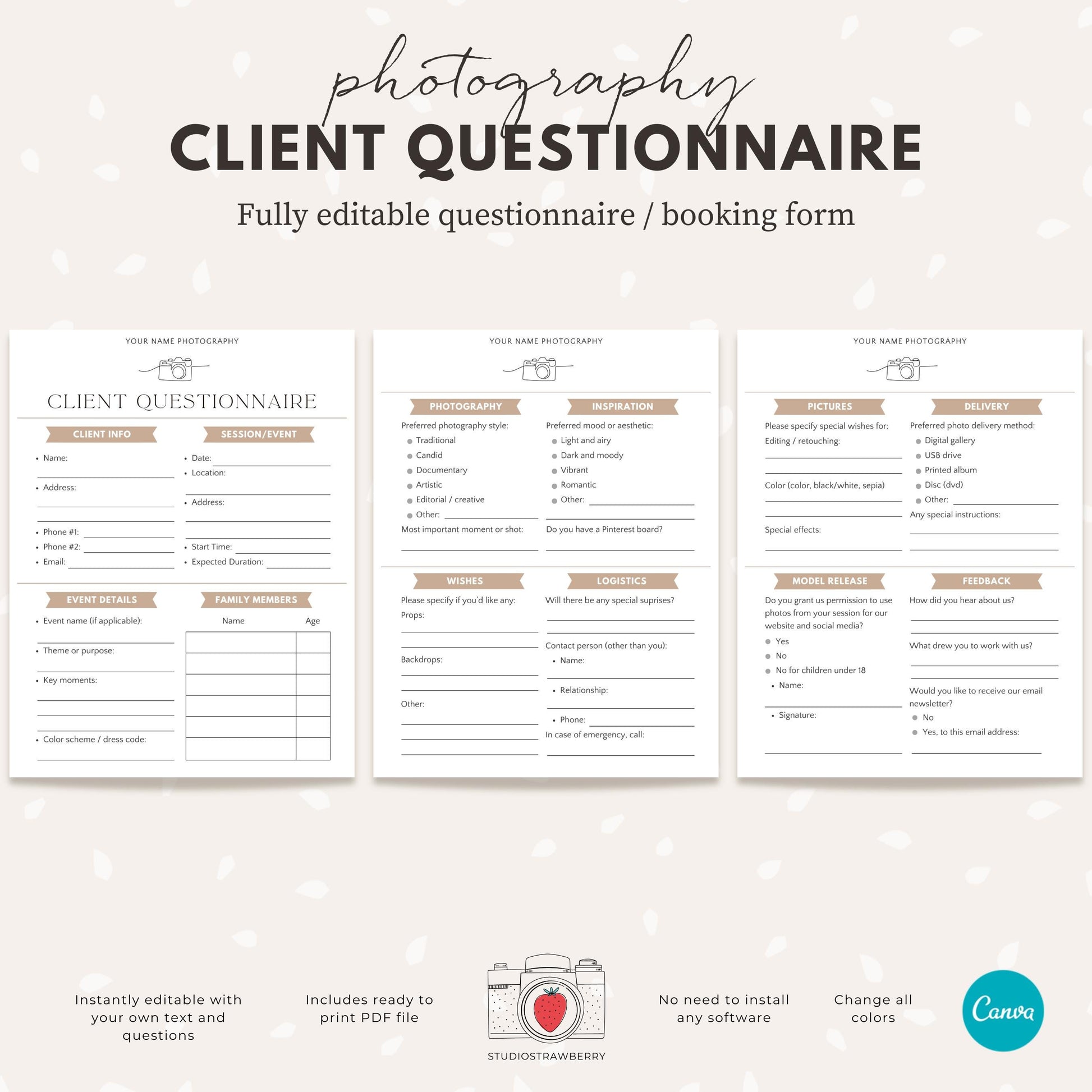 Customizable Canva client booking form for weddings, families, and events.