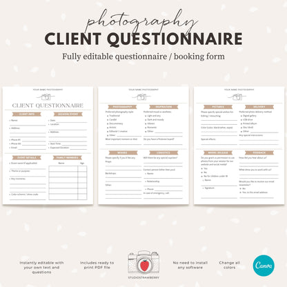 Customizable Canva client booking form for weddings, families, and events.