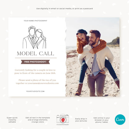 Printable couples model casting flyer Canva.