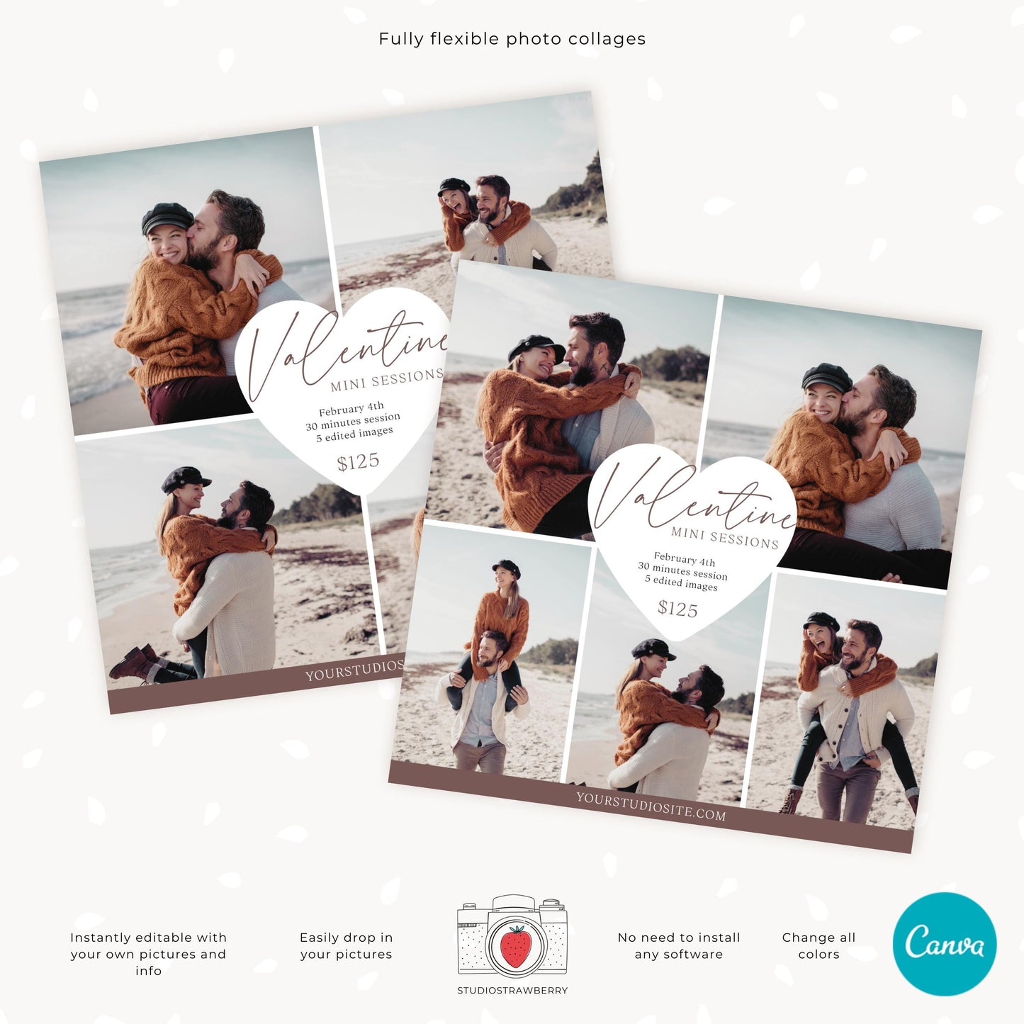Editable Valentine photo session template showcasing both 4 and 5-photo collage options for marketing purposes.