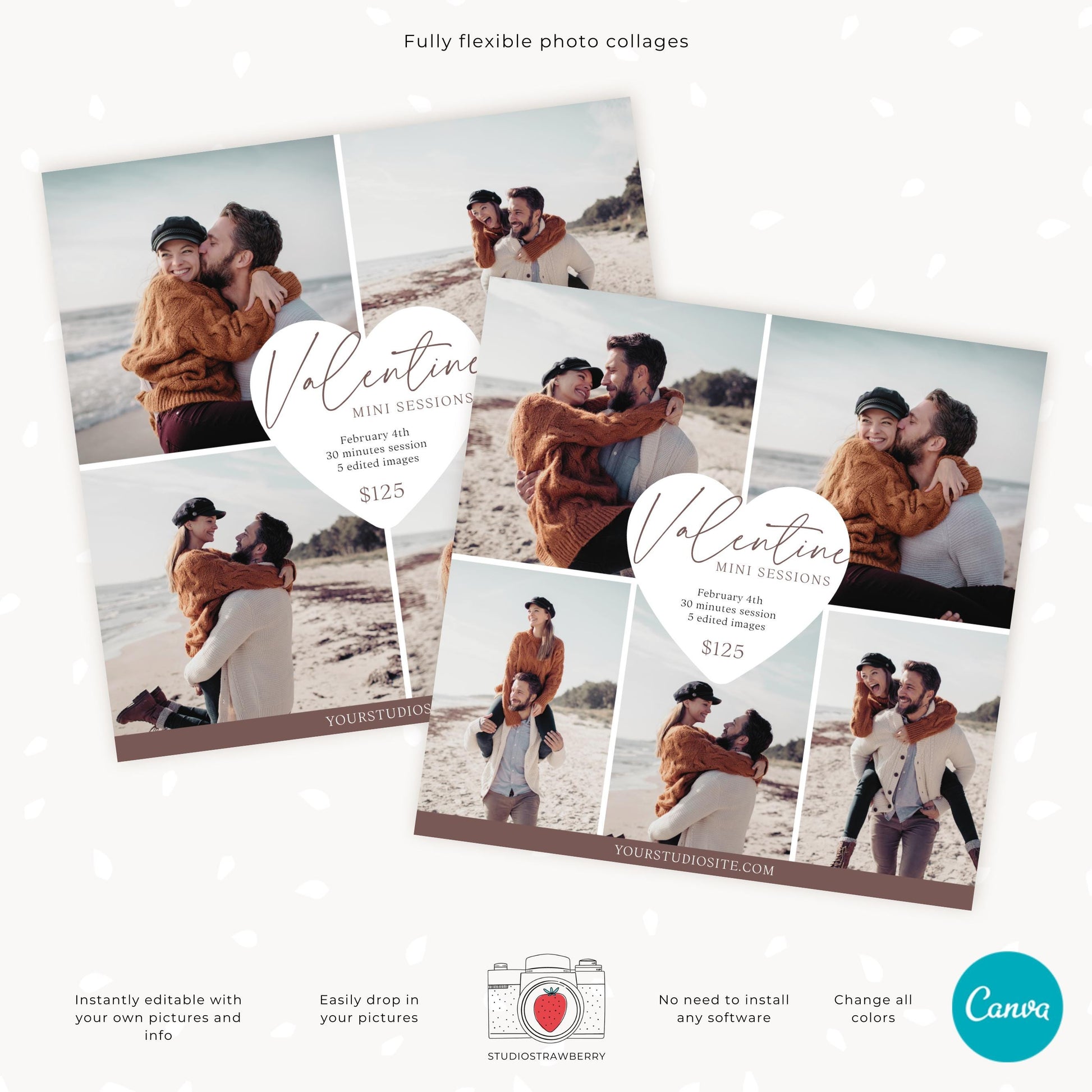 Editable Valentine photo session template showcasing both 4 and 5-photo collage options for marketing purposes.