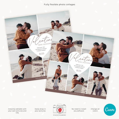 Editable Valentine photo session template showcasing both 4 and 5-photo collage options for marketing purposes.