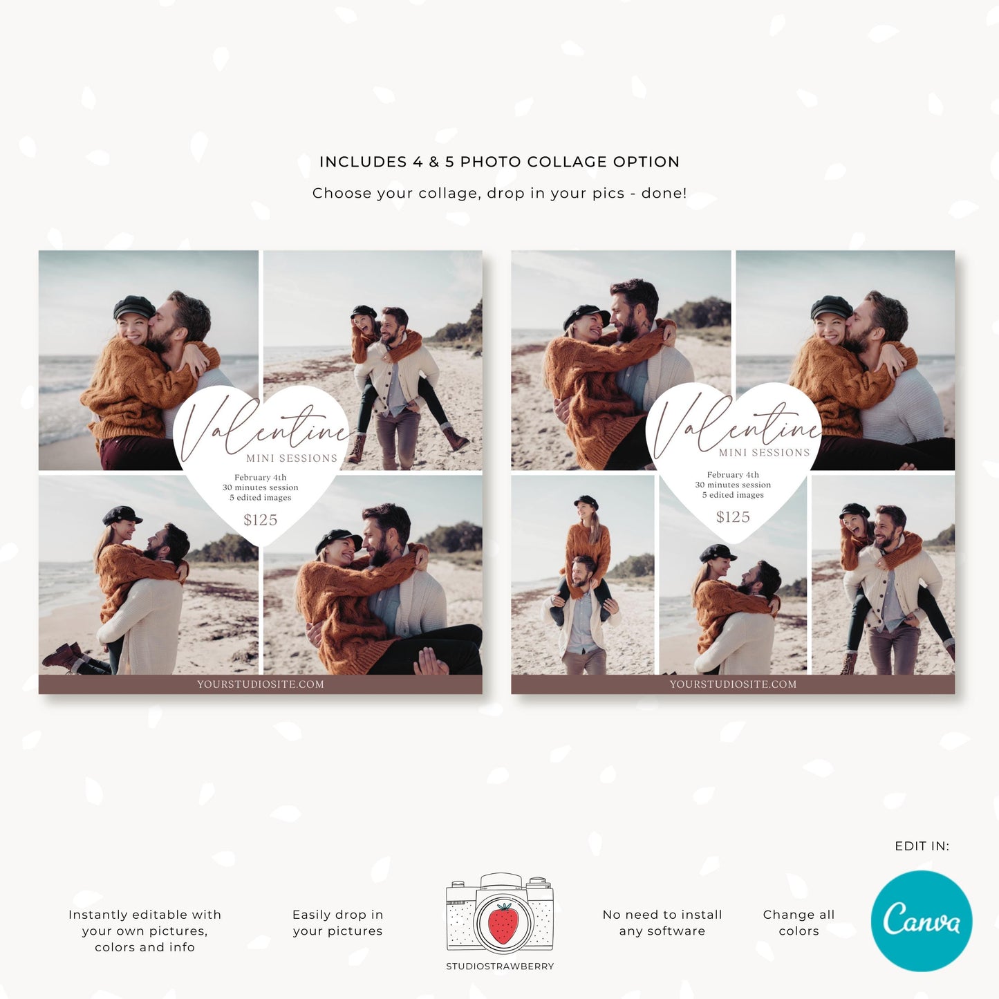 Valentine mini session promo card in Canva with customizable text and layout, optimized for digital sharing and print.
