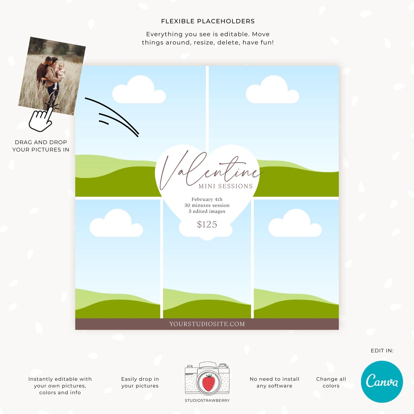Canva Valentine photo session template with editable placeholders and text for easy customization.