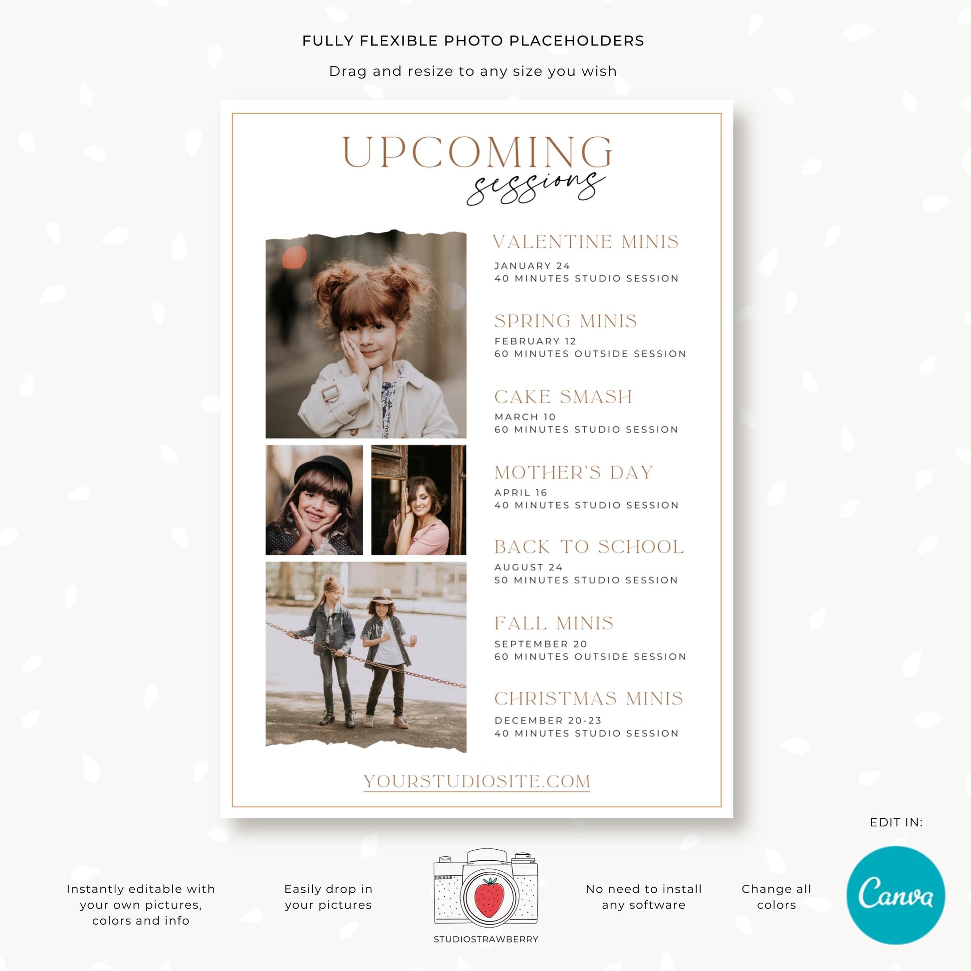 Upcoming Photography Sessions Flyer Template | Editable Canva Schedule and Announcement Template | Marketing Calendar