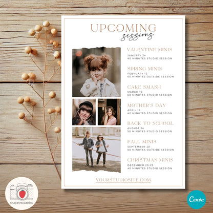 Upcoming Photography Sessions Flyer Template | Editable Canva Schedule and Announcement Template | Marketing Calendar