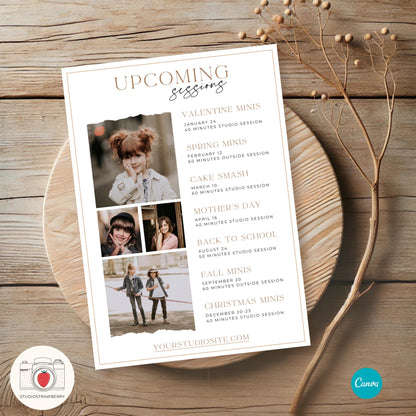 Upcoming Photography Sessions Flyer Template | Editable Canva Schedule and Announcement Template | Marketing Calendar