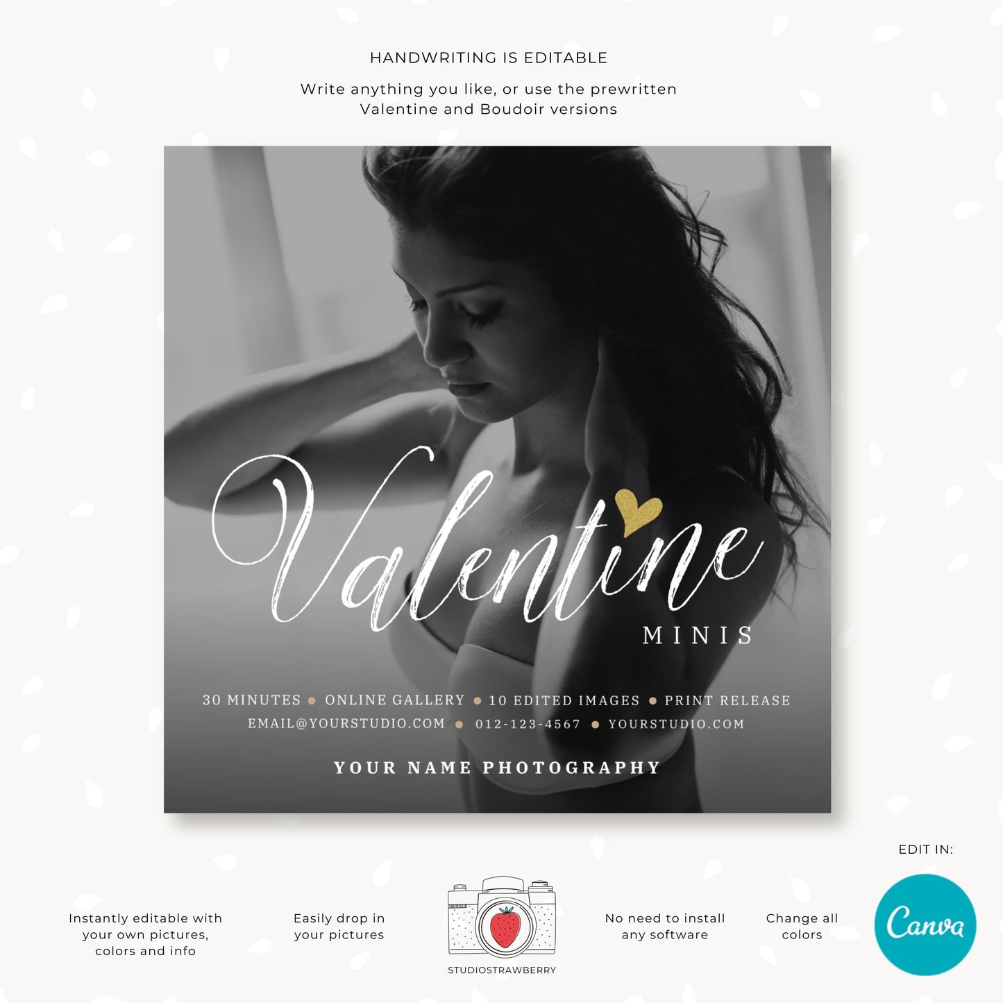 Printable boudoir photography marketing card with Canva template link.