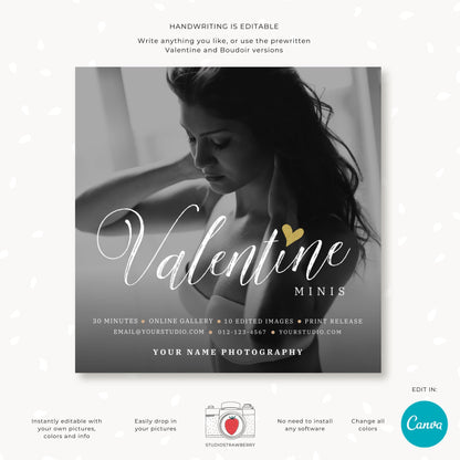 Printable boudoir photography marketing card with Canva template link.