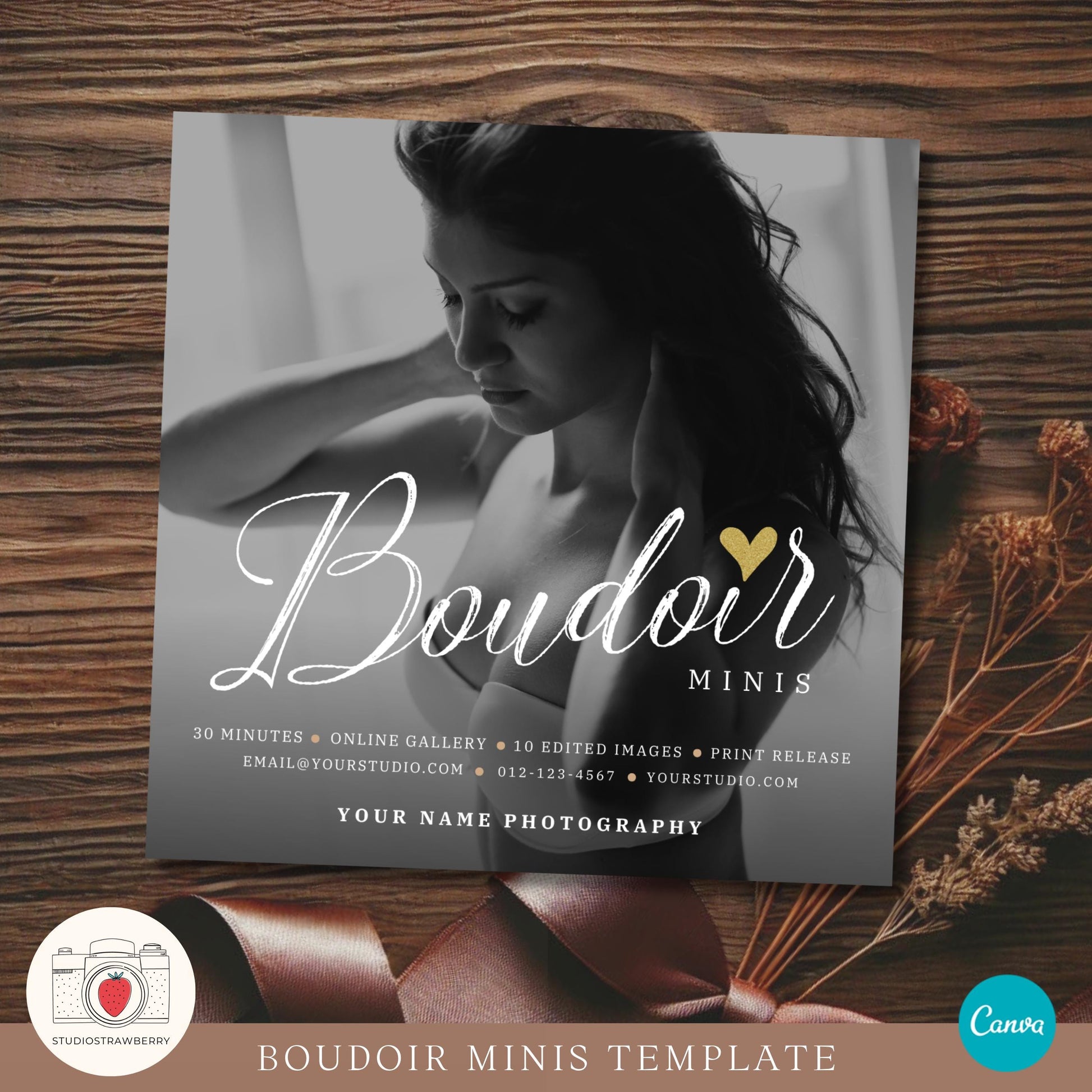 Valentine’s Day photography session flyer template for photographers in Canva.