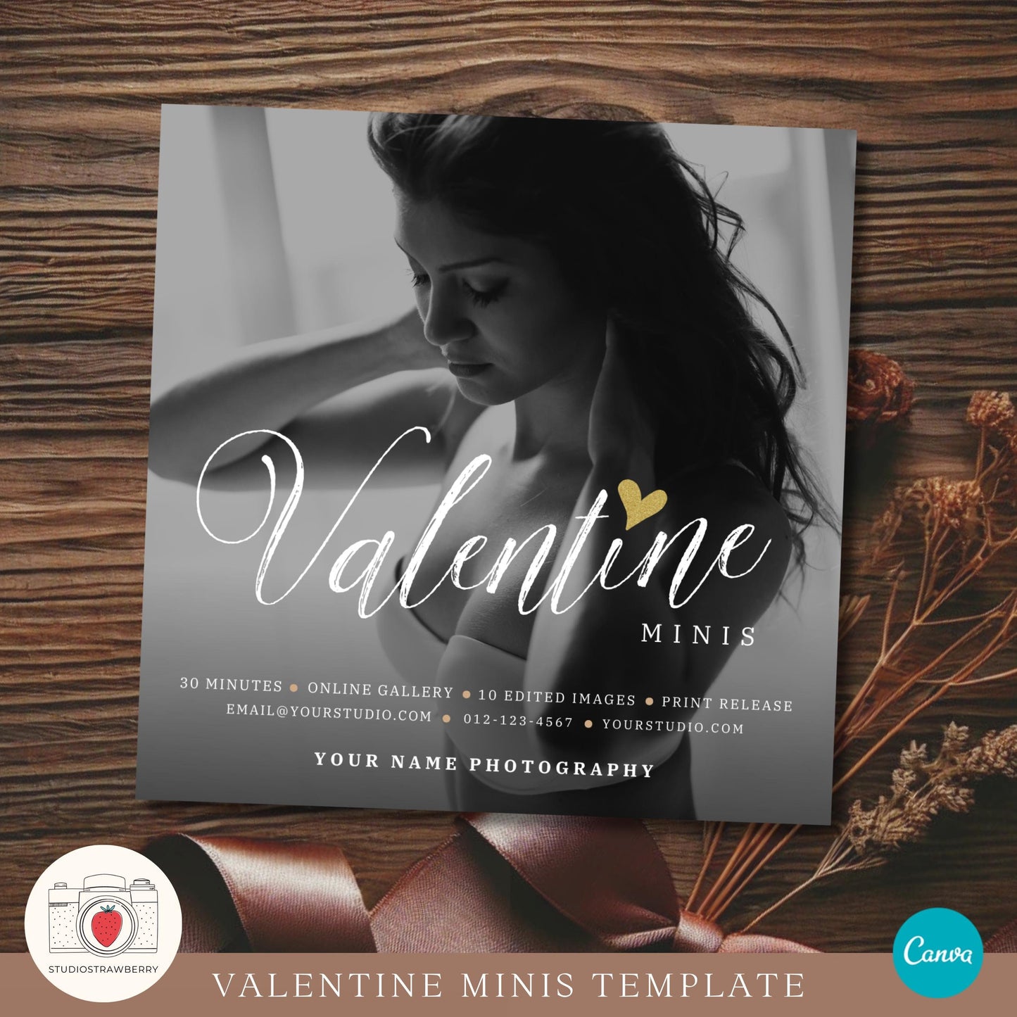 Editable boudoir mini session marketing template in Canva with black-and-white design.