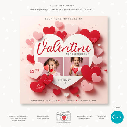 Canva Valentine&#39;s mini session flyer with customizable text and images.