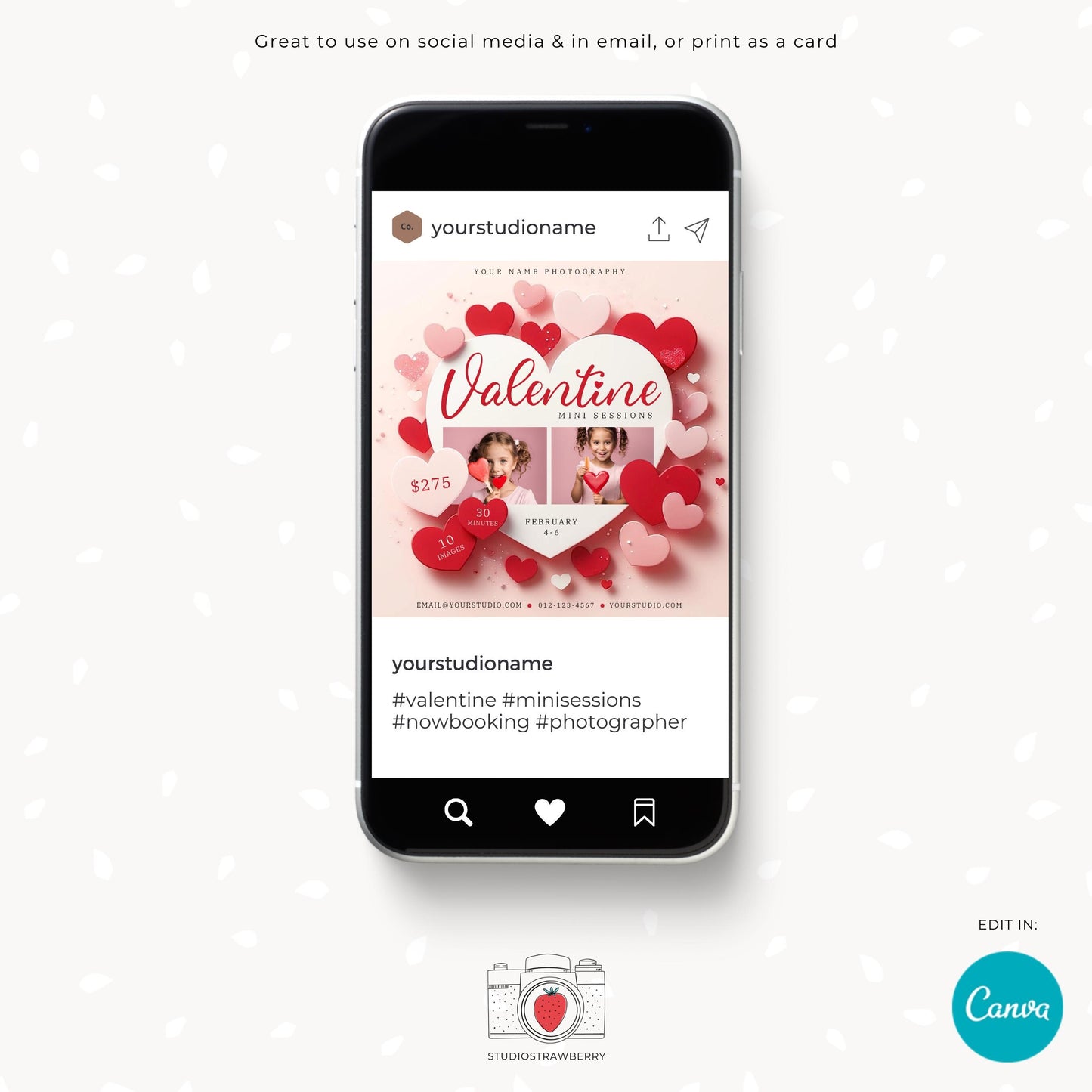 Customizable Valentine&#39;s photo session flyer ready for print and social media.