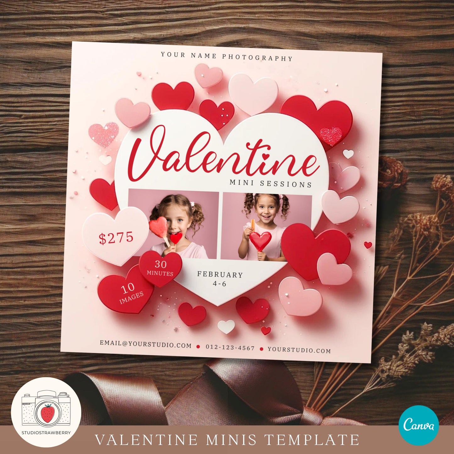 Editable Valentine&#39;s Day mini session template with heart graphics.