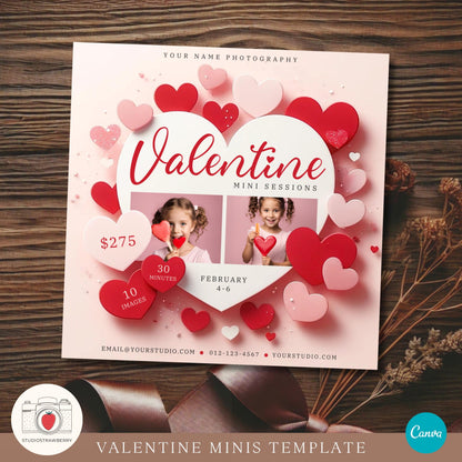 Editable Valentine&#39;s Day mini session template with heart graphics.