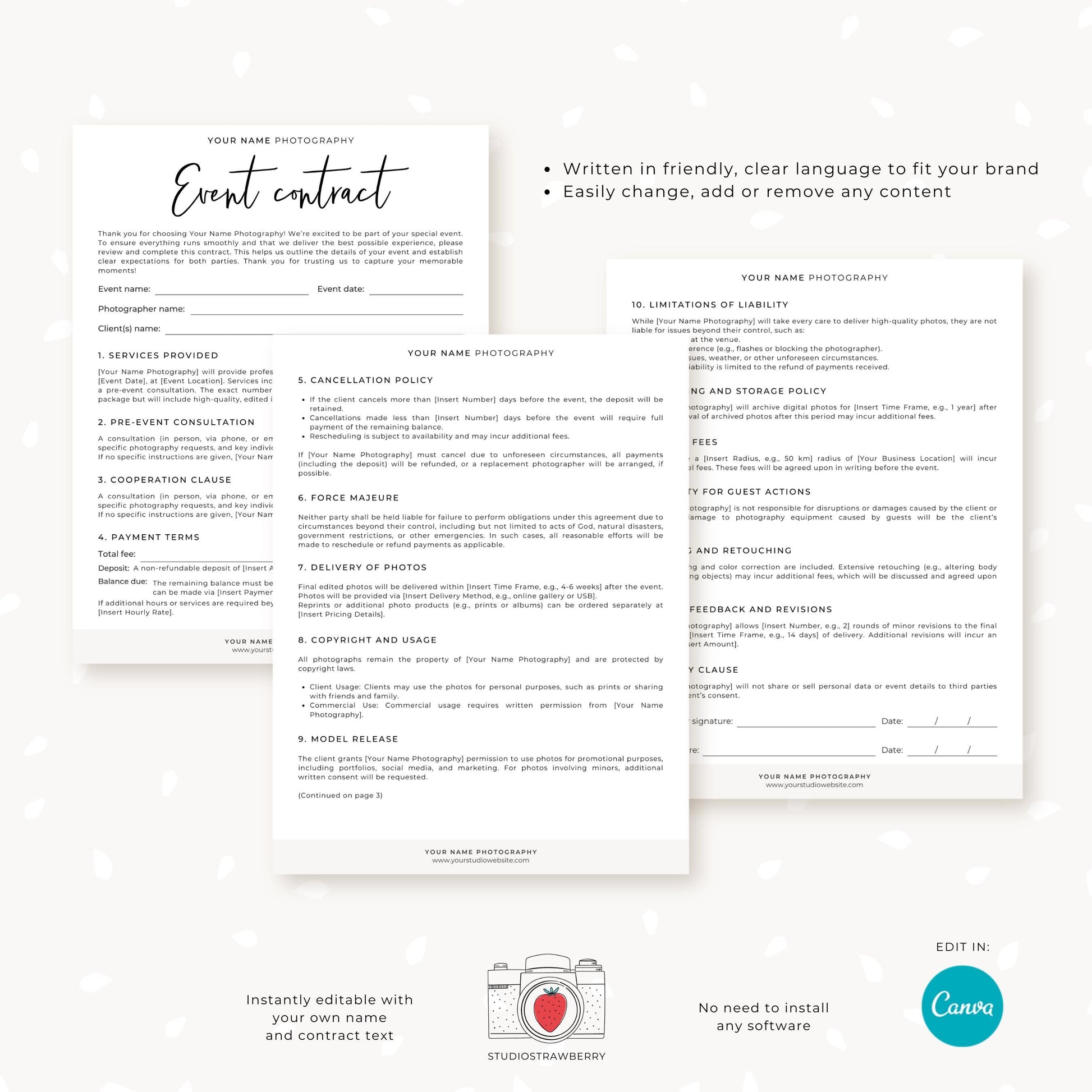 Event photography agreement template displayed in Canva&#39;s editing interface showing editable text and branding options