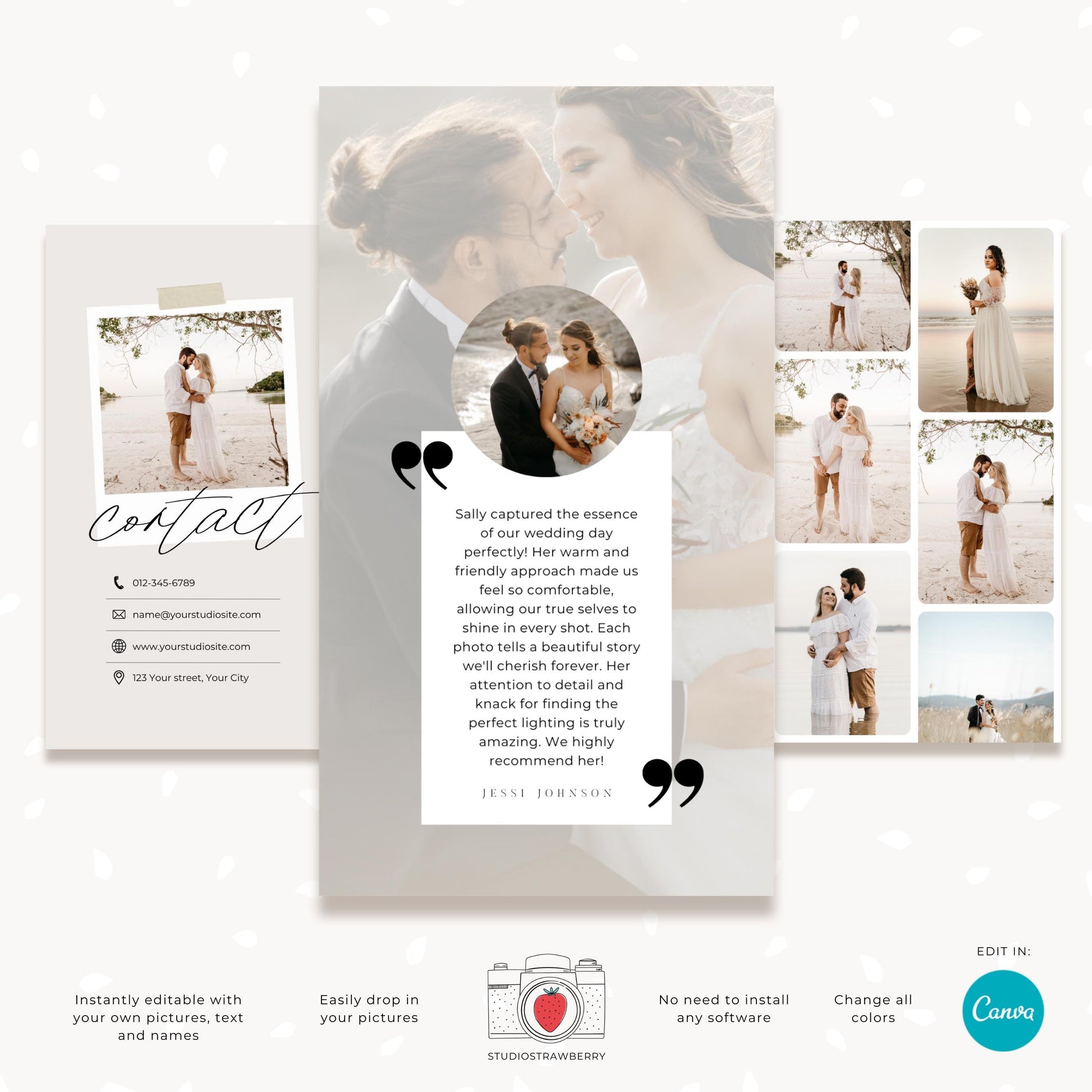 Canva templates for wedding photography marketing with testimonial layouts.