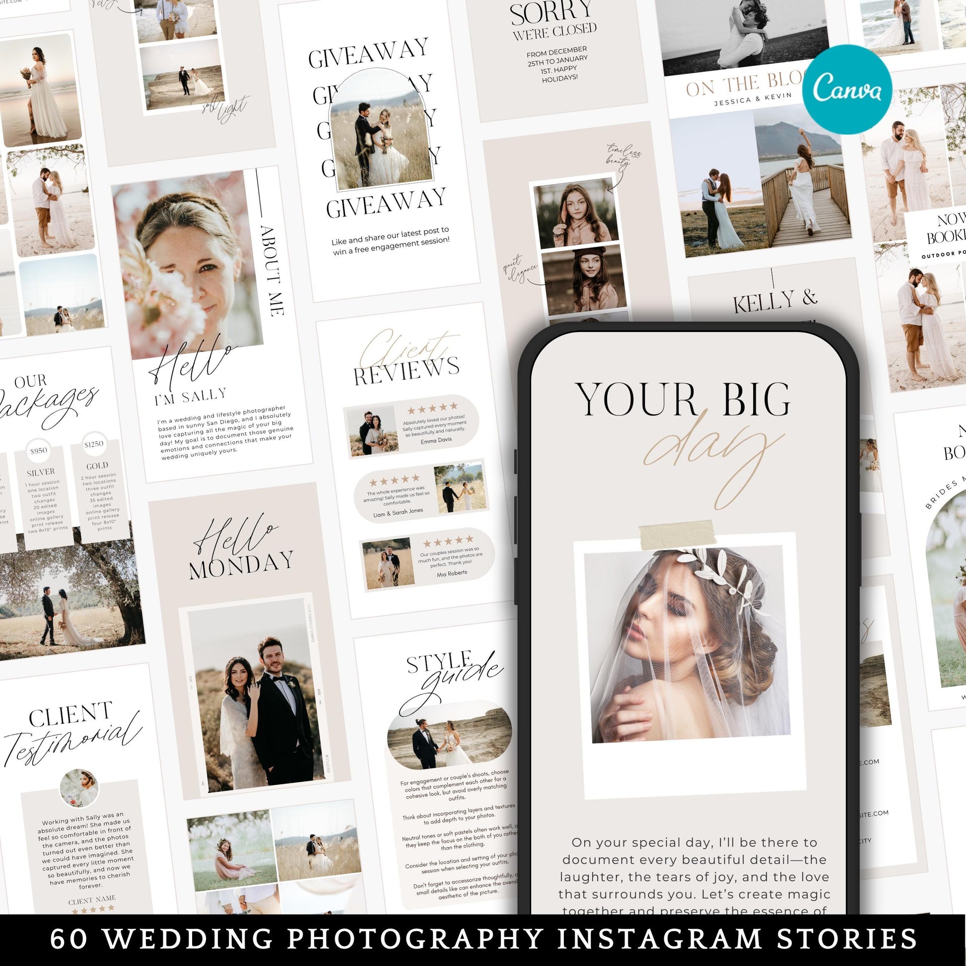 Editable wedding photographer Instagram story template with customizable text and images in Canva.