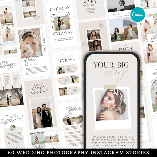 Editable wedding photographer Instagram story template with customizable text and images in Canva.