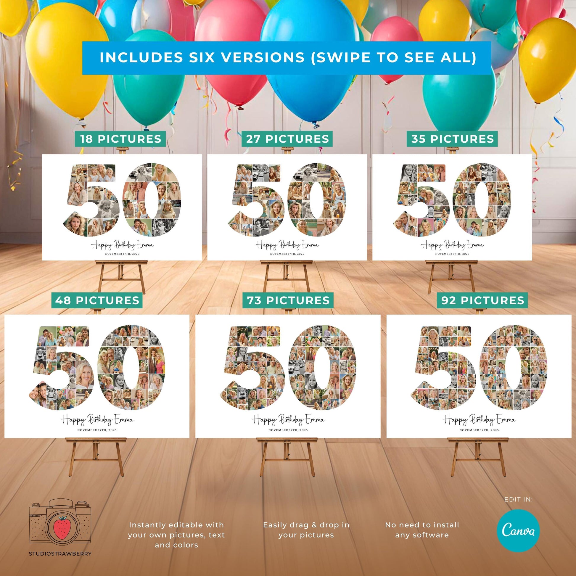 Canva 50th birthday photo collage showing multiple customizable photo layouts.