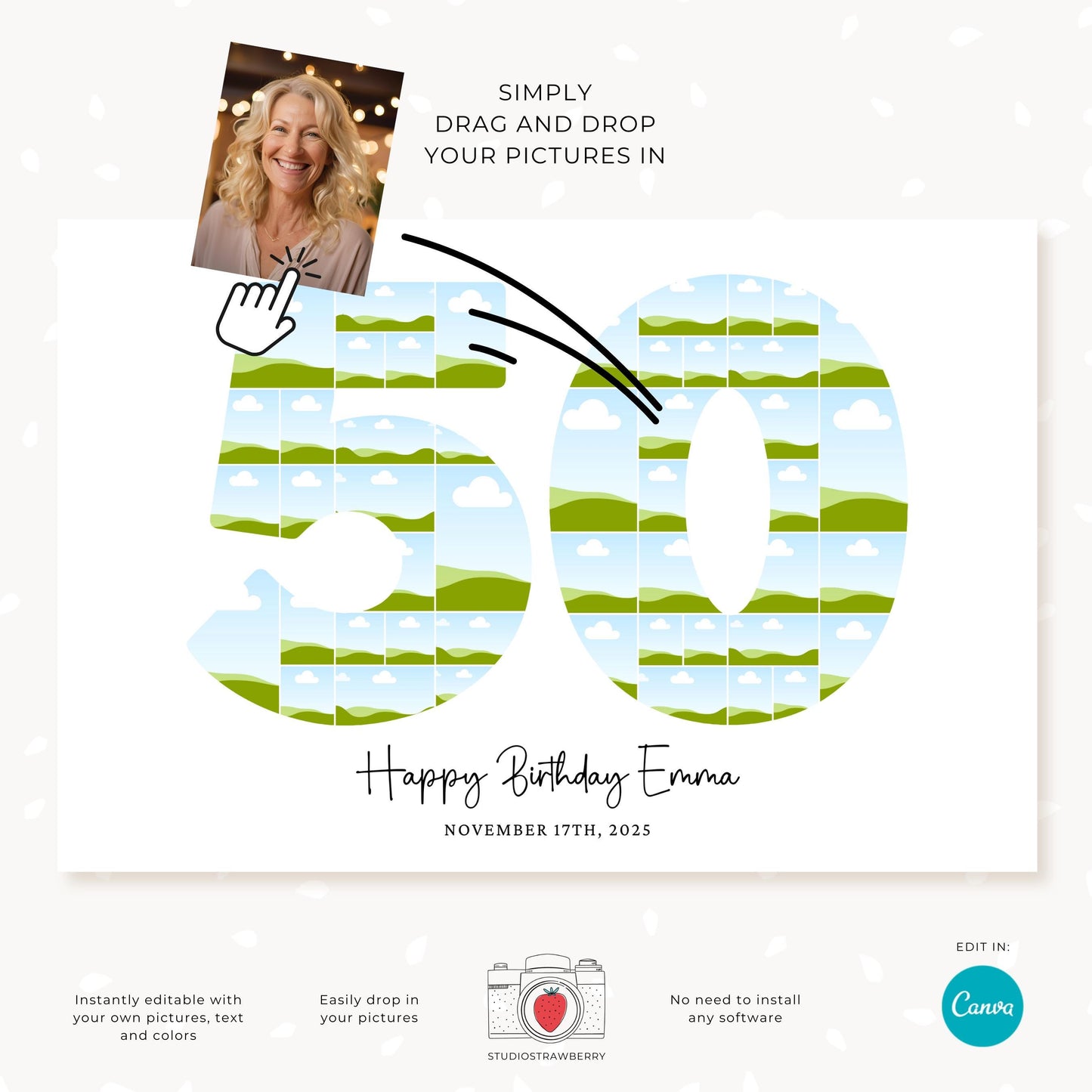 Number 50 photo collage design template perfect for 50th birthday parties.