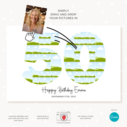 Number 50 photo collage design template perfect for 50th birthday parties.