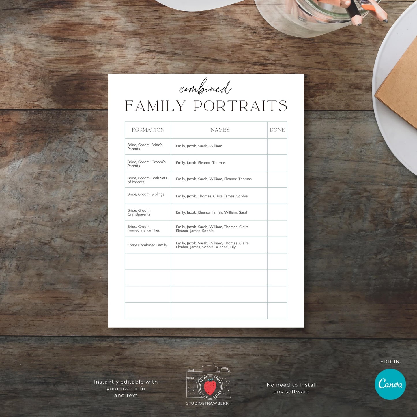 Wedding photography planning guide with editable Canva templates for photo sessions.