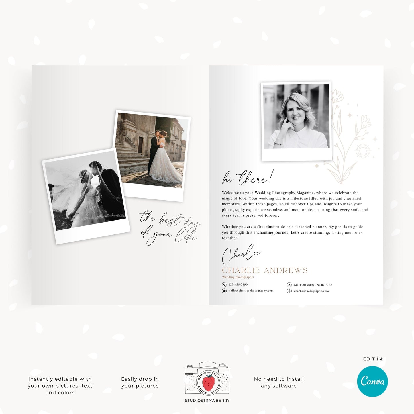 Editable wedding welcome flyer featuring a sample welcome message and client photography examples.