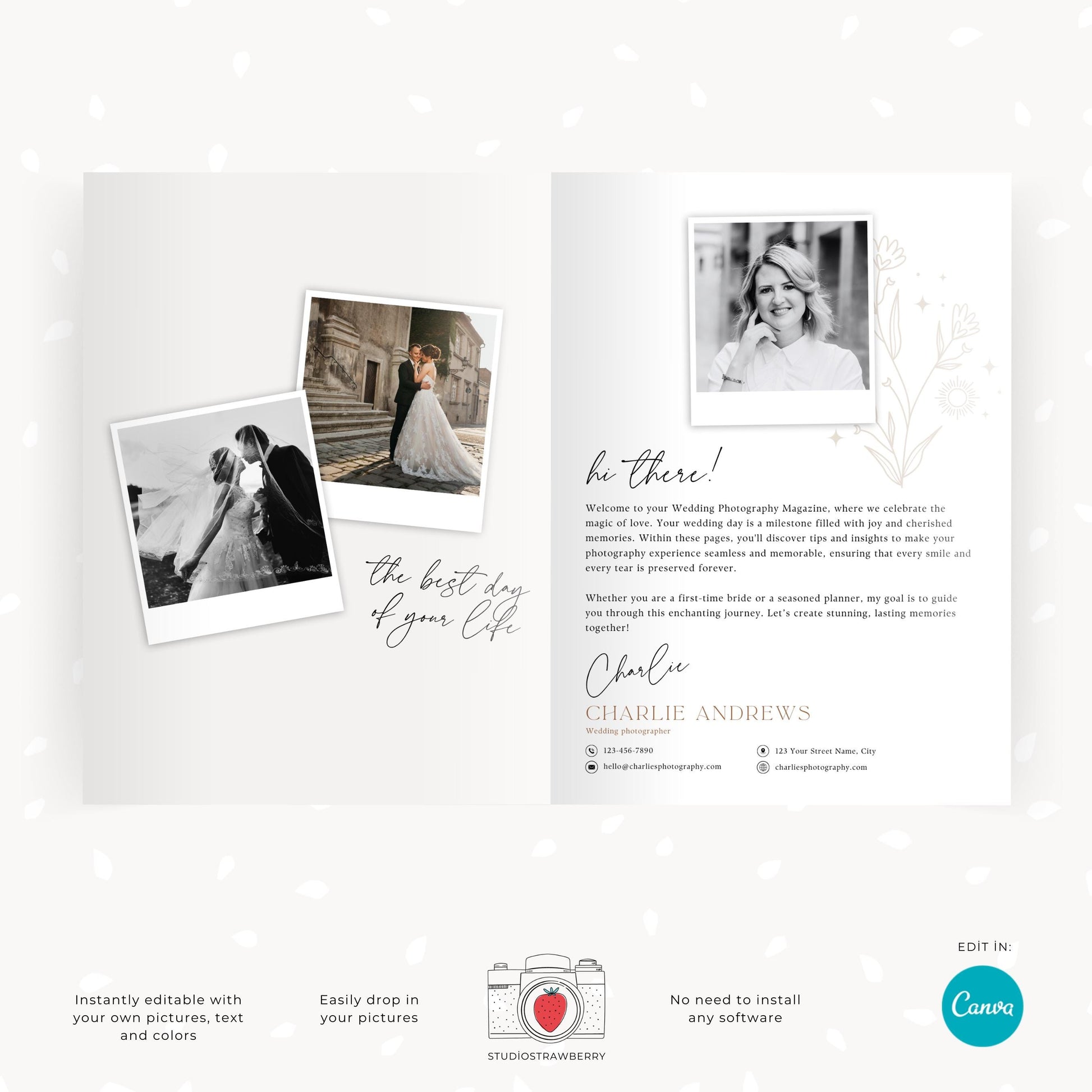 Editable wedding welcome flyer featuring a sample welcome message and client photography examples.