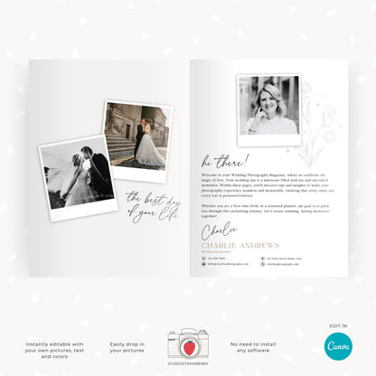 Editable wedding welcome flyer featuring a sample welcome message and client photography examples.