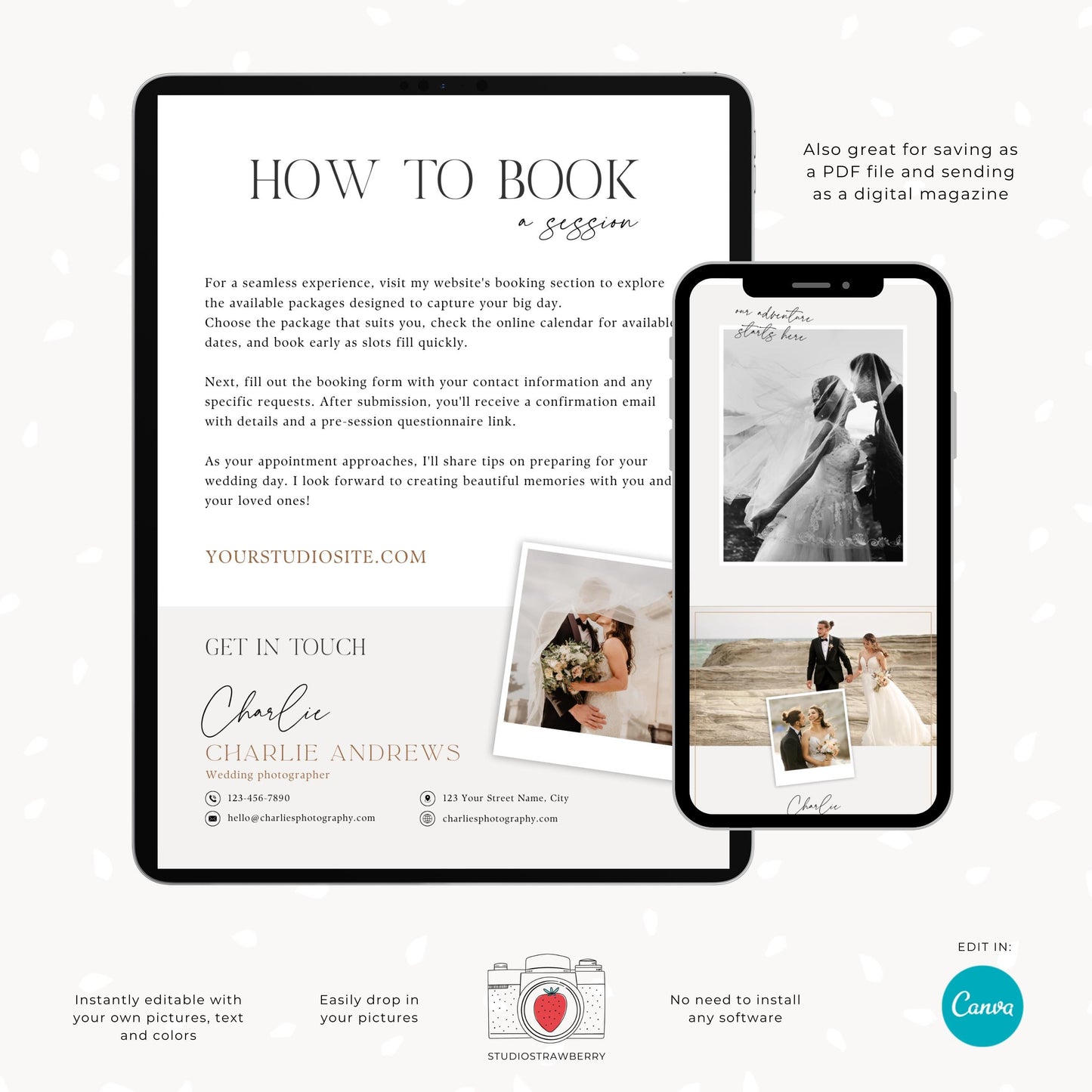 Professional wedding photography pricing and services guide template designed in Canva.