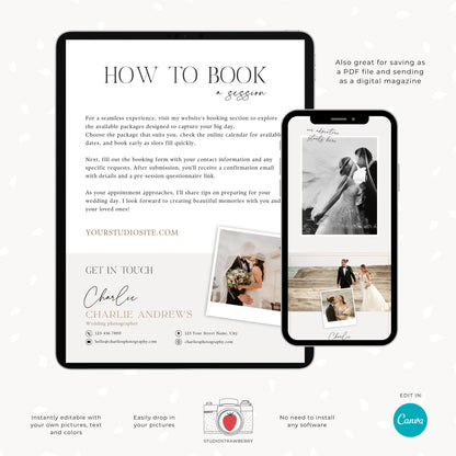 Professional wedding photography pricing and services guide template designed in Canva.