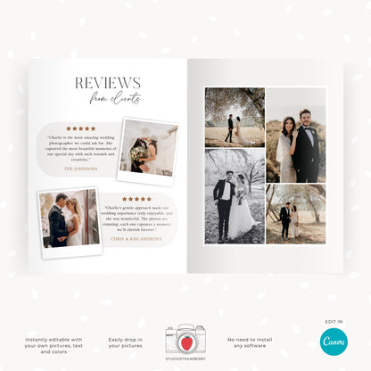 Wedding photographer welcome guide Canva template featuring elegant layouts and customizable text.