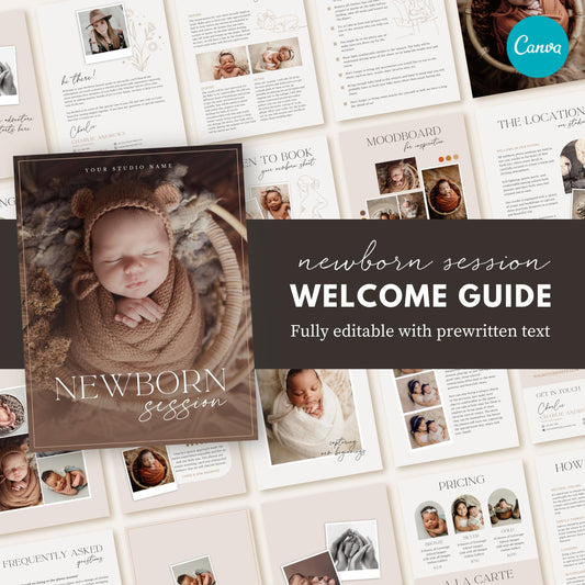 Editable newborn session welcome guide template with customizable pages for photographers.