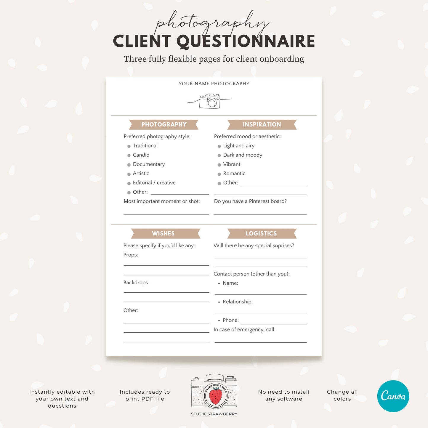 Fully customizable photography client questionnaire with family member section.
