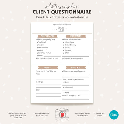 Fully customizable photography client questionnaire with family member section.