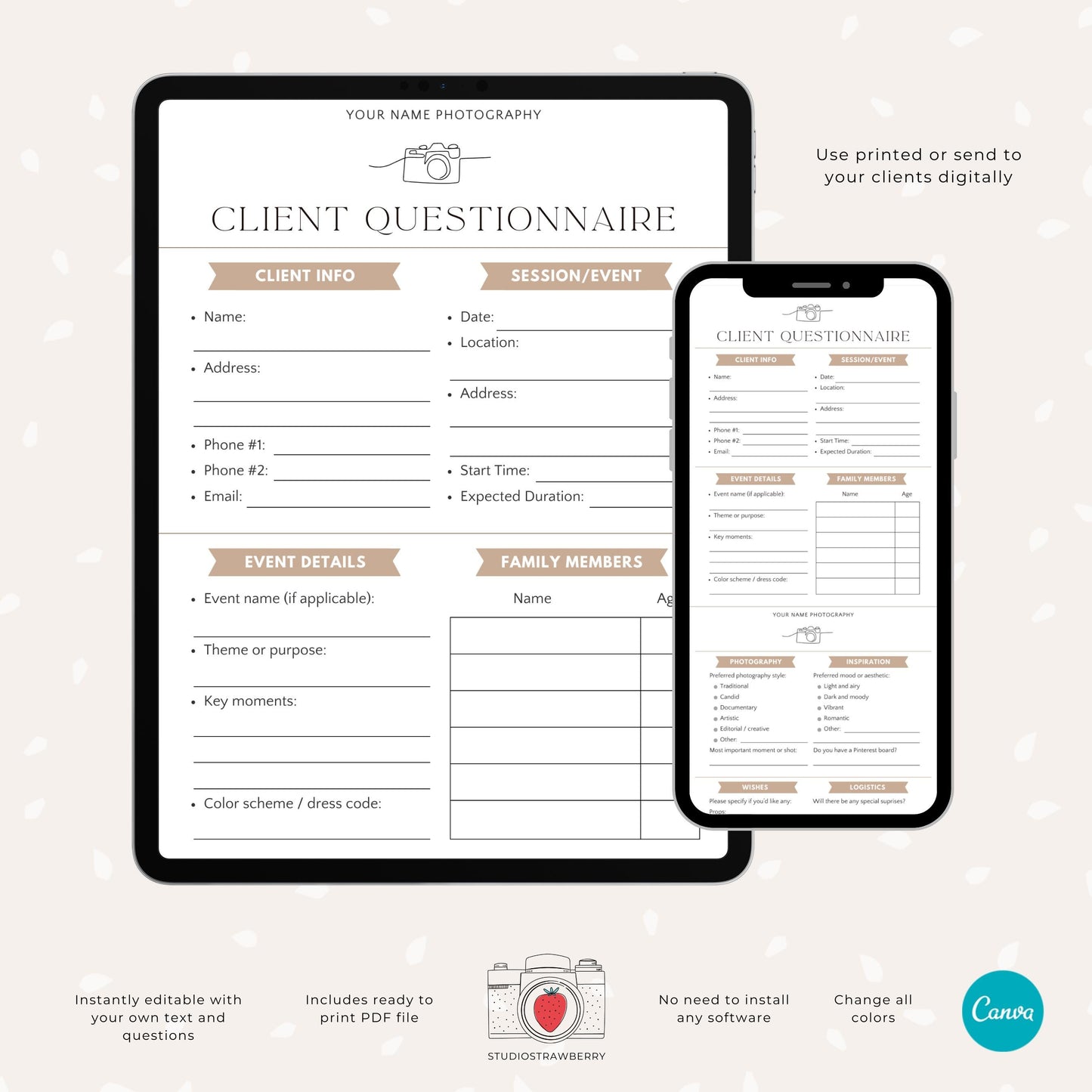 Photography session planning questionnaire with client preferences.